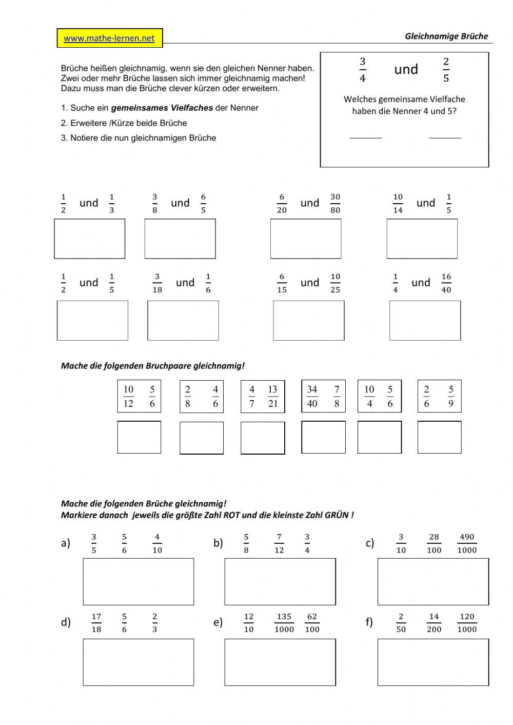 Gleichnamige Brüche worksheet | Live Worksheets