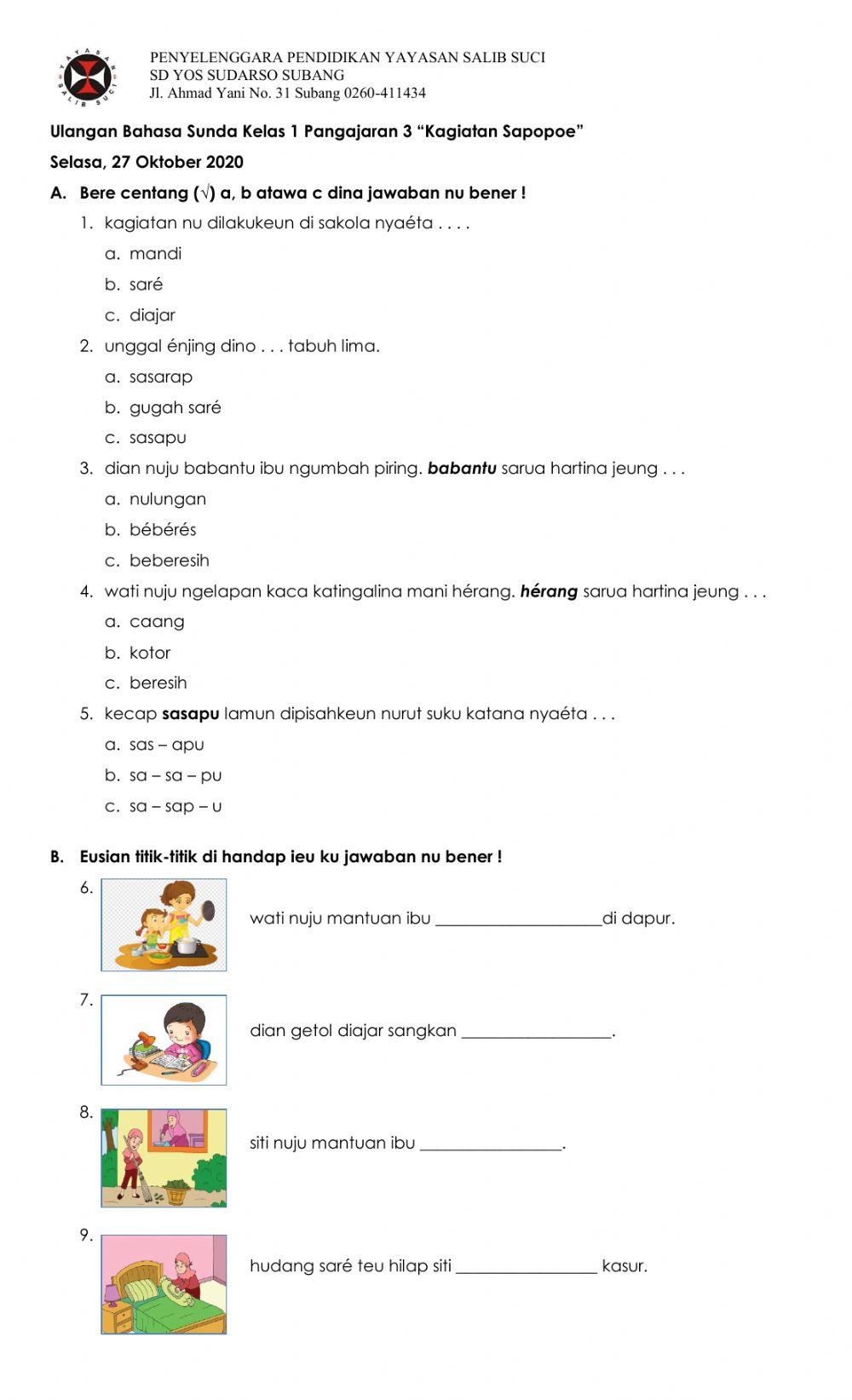 Ulangan Bahasa Sunda Kelas 1 Pangajaran 3 -Kagiatan Sapopoe-