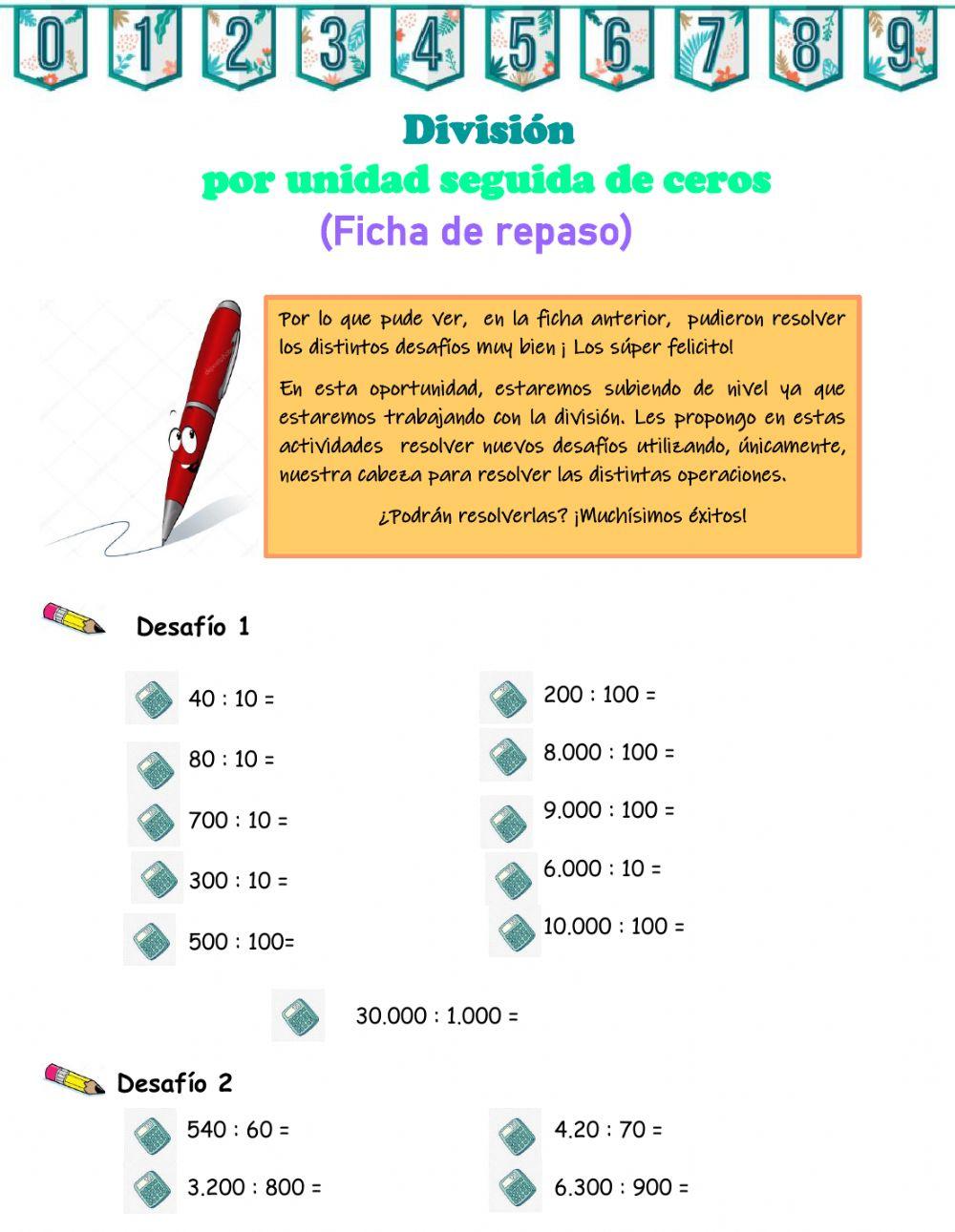 Ficha de repaso- Div. por unid seguida de cero