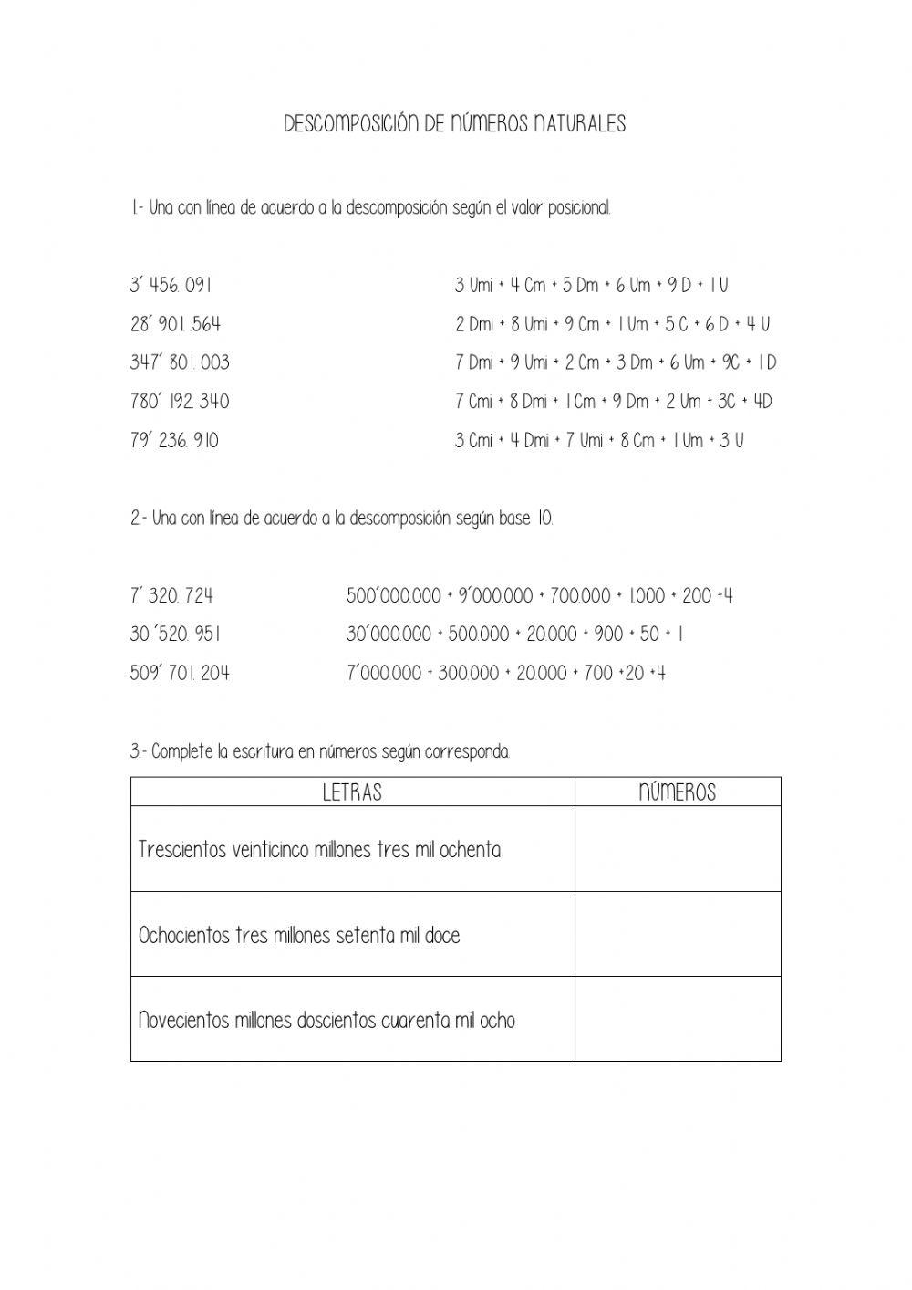 Descomposicion de números naturales de nueve cifras