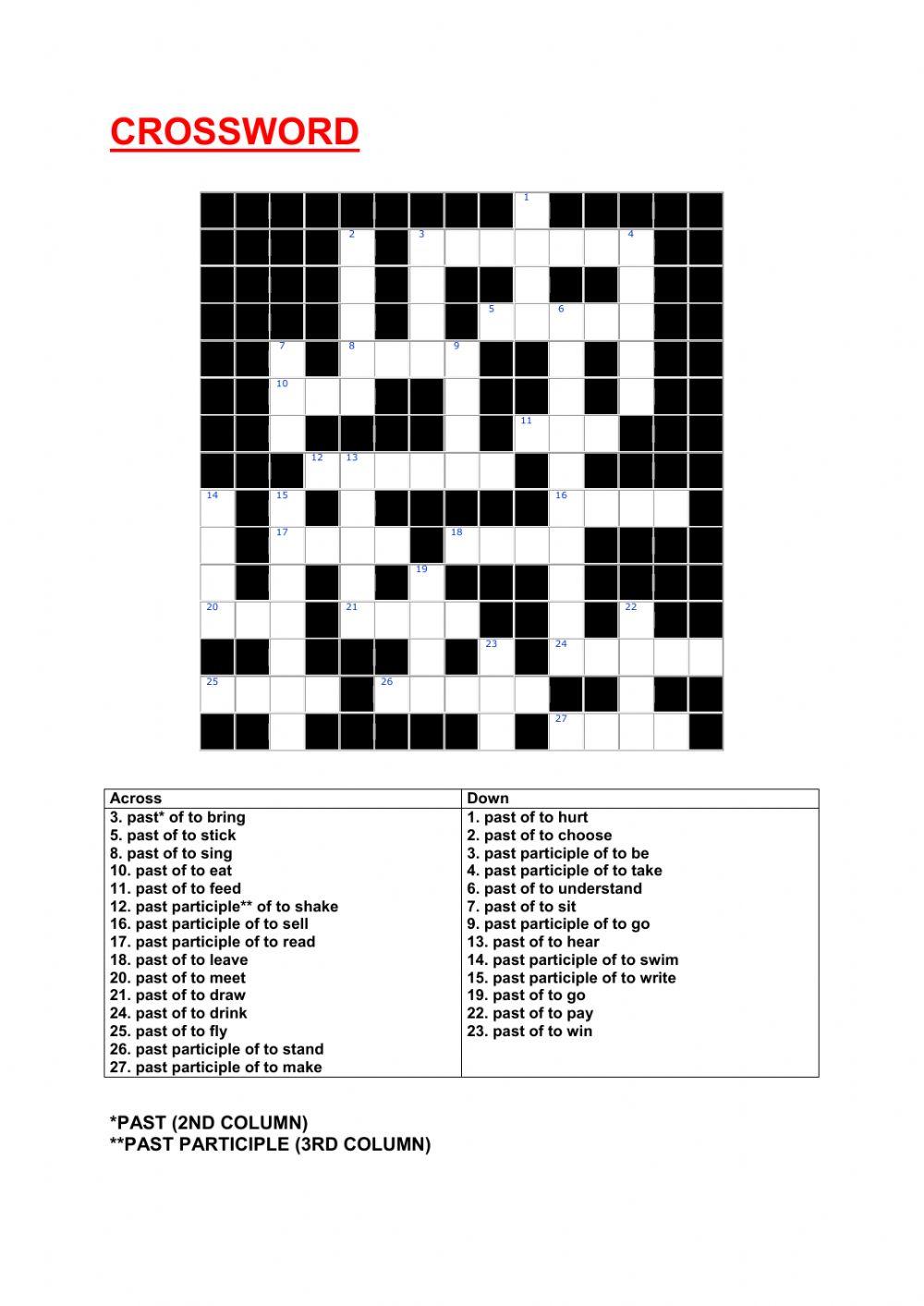 IRREGULAR VERBS CROSSWORD online exercise for Live Worksheets