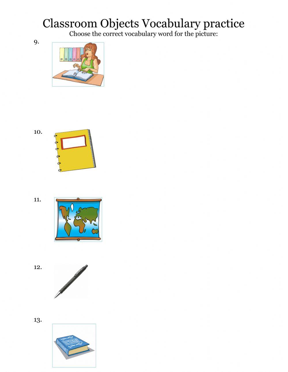 Classroom Object Vocab Worksheet worksheet | Live Worksheets