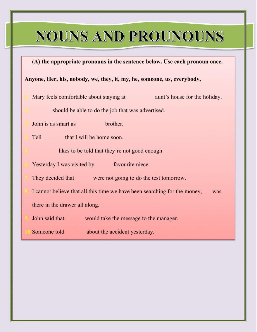 Nouns and Pronouns Worksheet