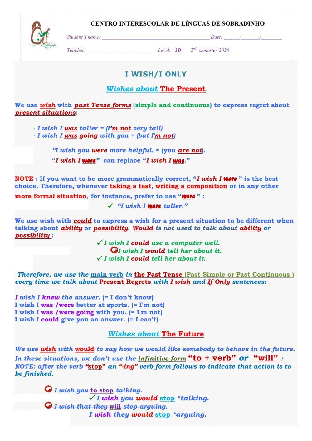 Talking about wishes and regrets - Review Quiz