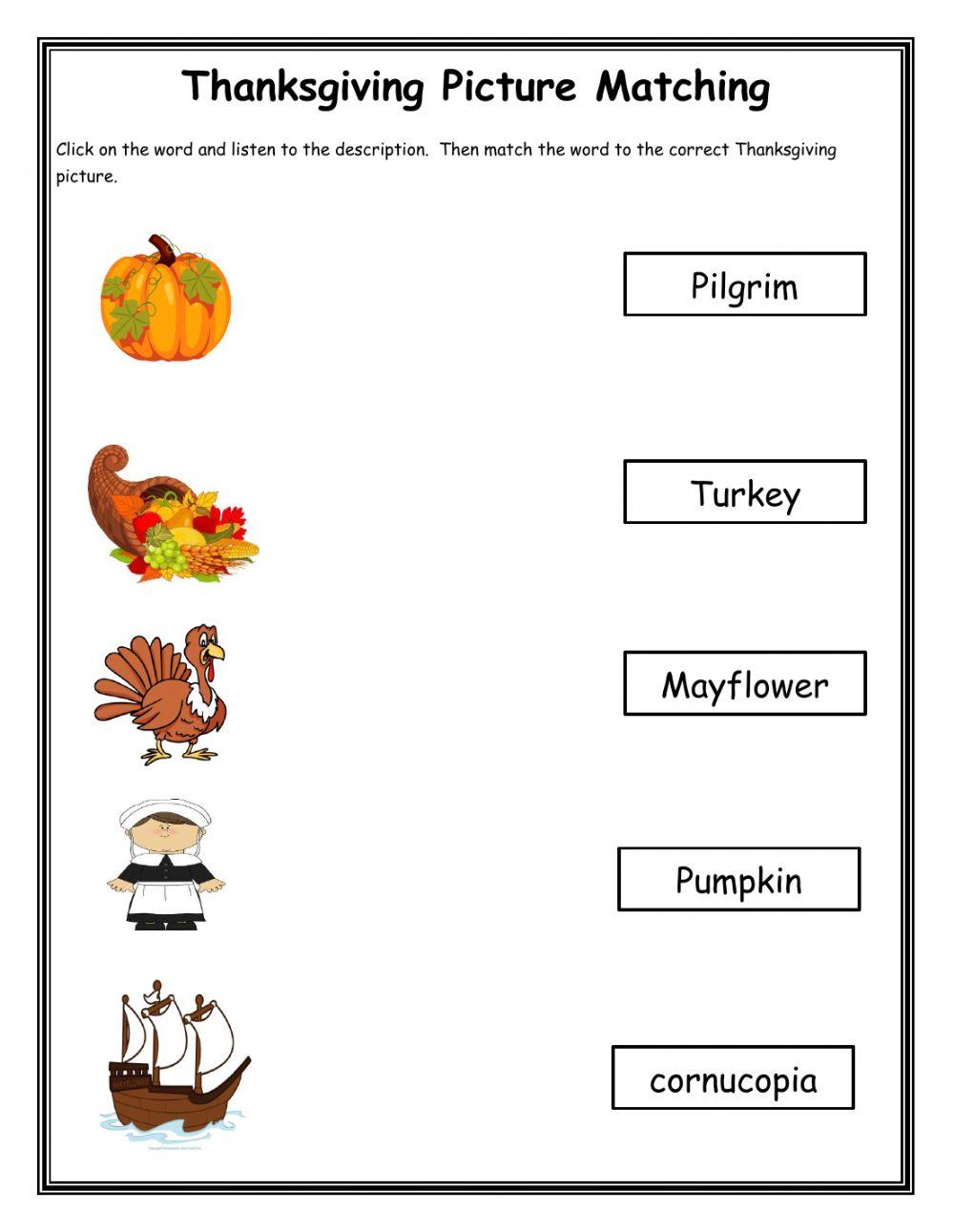 Thanksgiving Matching Worksheet 1 Thanksgiving Matching Worksheet 1