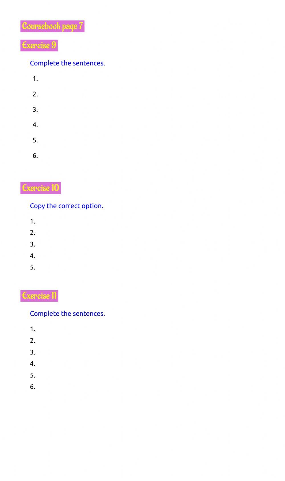 Page 7, exercises 9, 10, 11