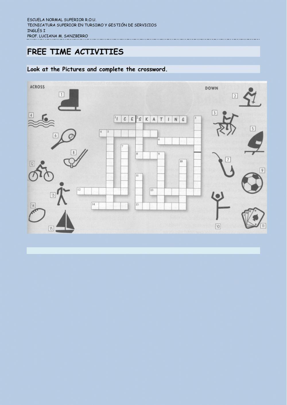 Free time activities 2 - crossword