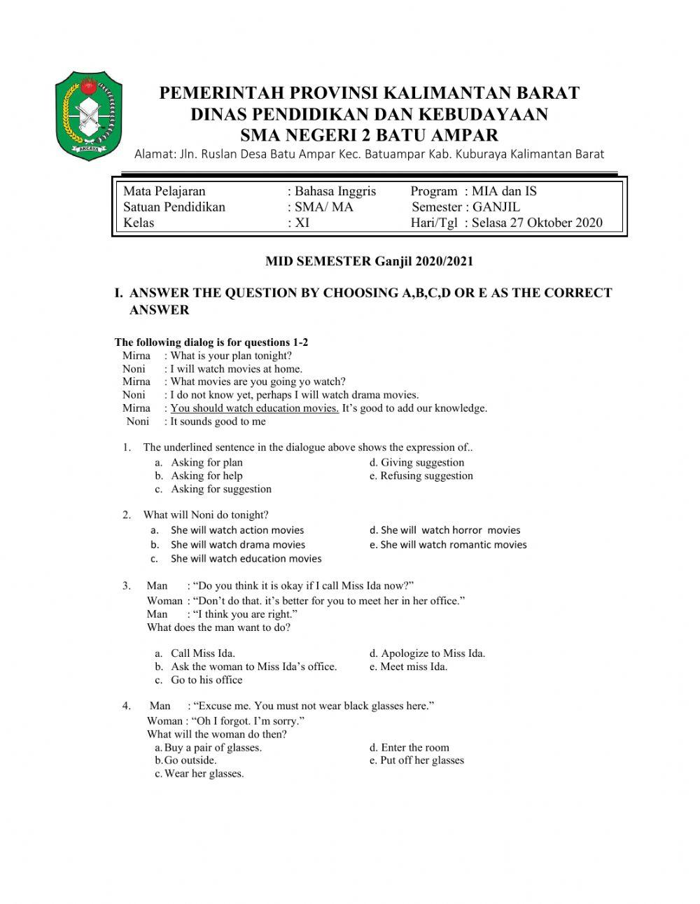 Mid semester bahasa inggris ganjil -)-)