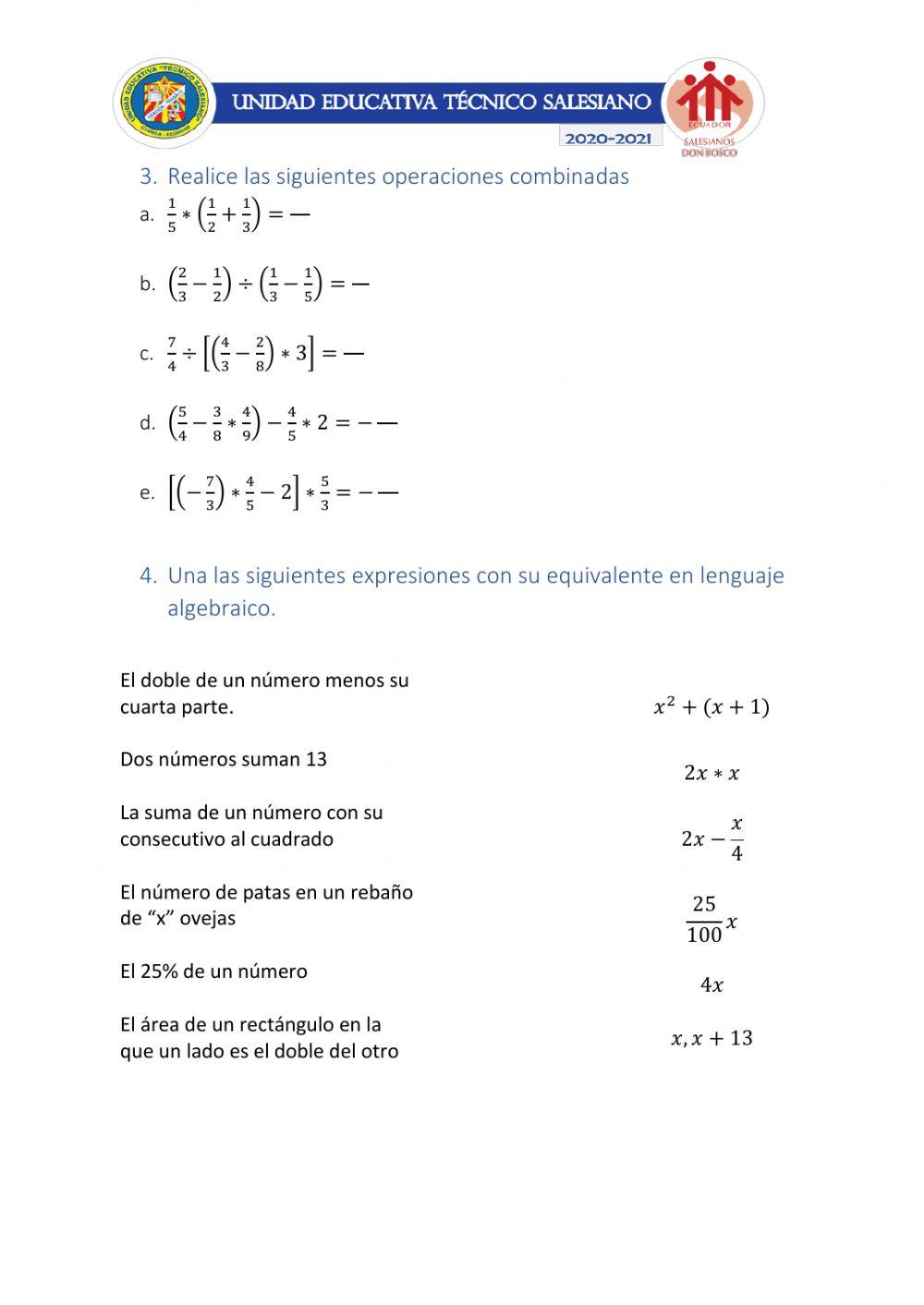 Operaciones con fracciones, Lenguaje Algebraico
