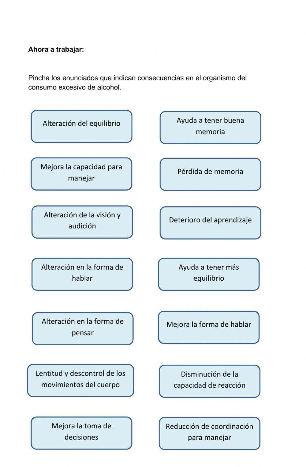 Ficha Efectos del consumo de alcohol en el organismo