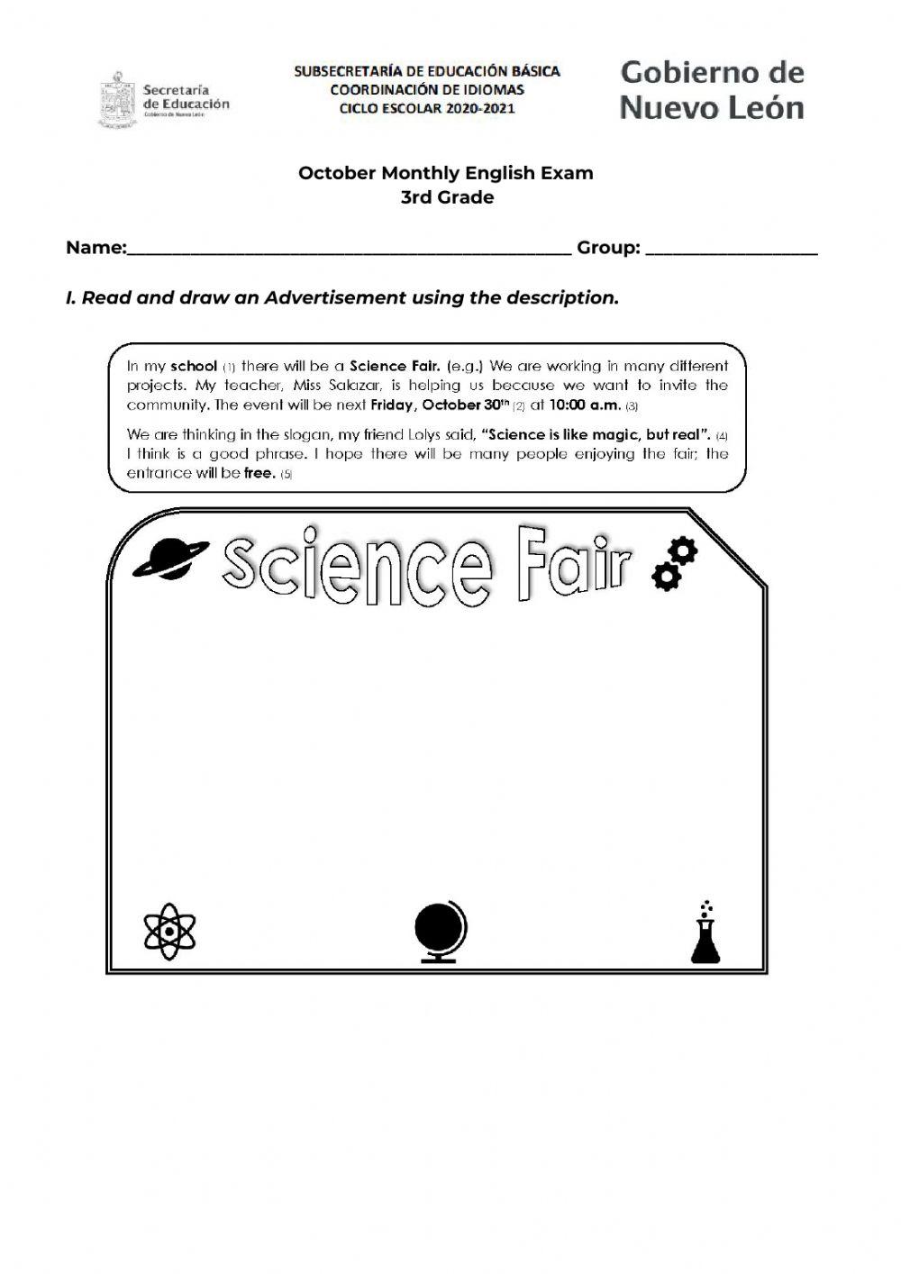 Examen Mensual de Inglés - 3er Grado-Octubre