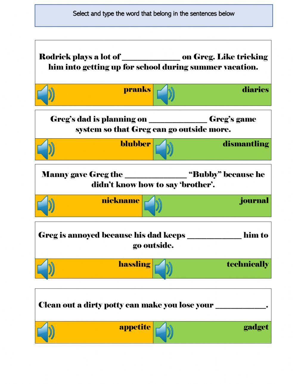 Diary of a Wimpy Kid-  Vocab list (Page 21-30) Day 3