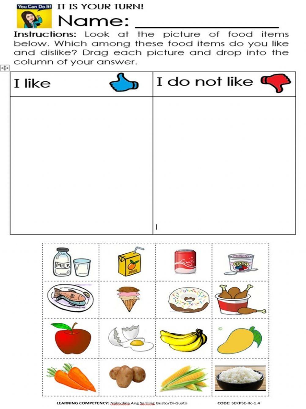 RECOGNIZING FOOD ITEMS THAT I LIKE AND DISLIKE (DRAG-AND-DROP)