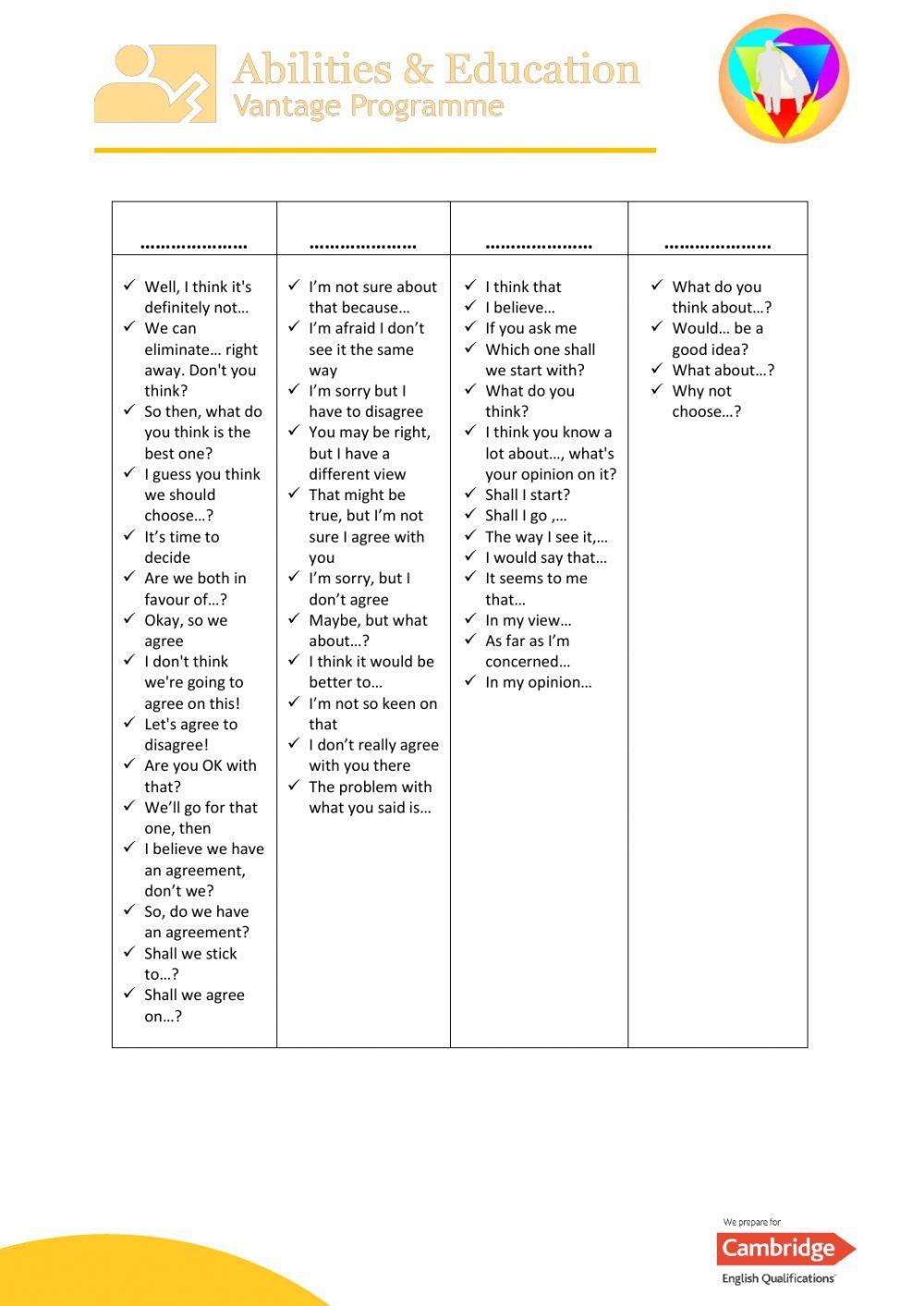 Useful expressions for Speaking discussion - Levels B1 - B2