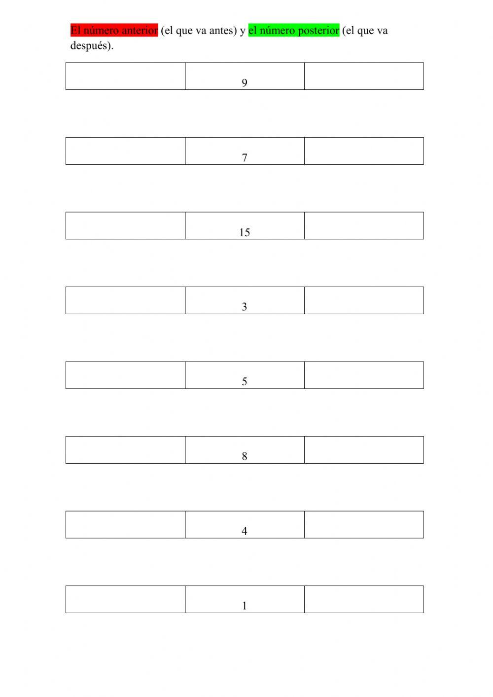 El número anterior y el número posterior