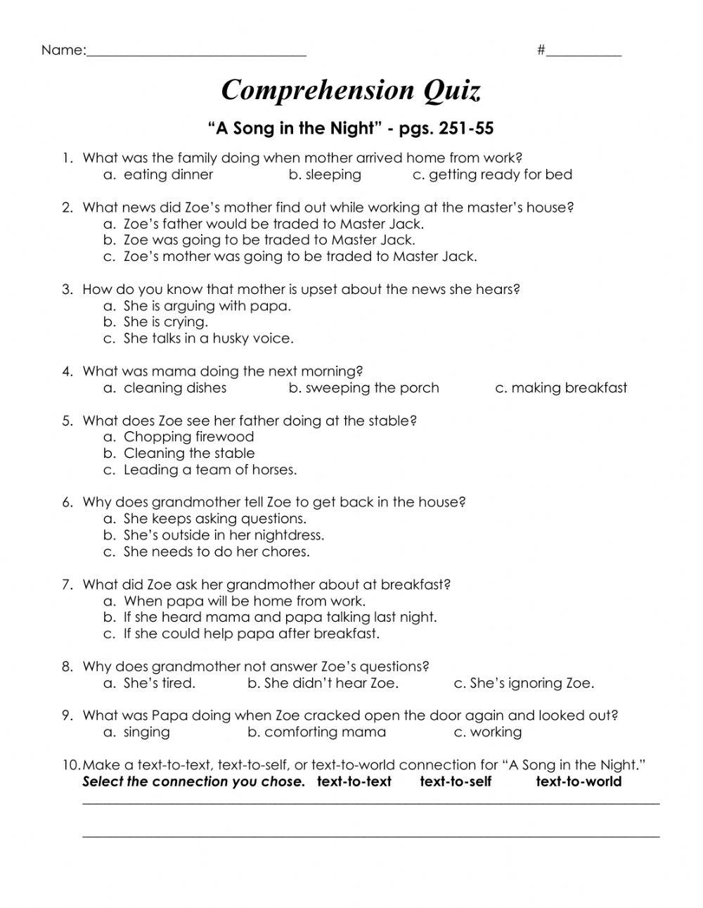 Song in the Night Comprehension Quiz