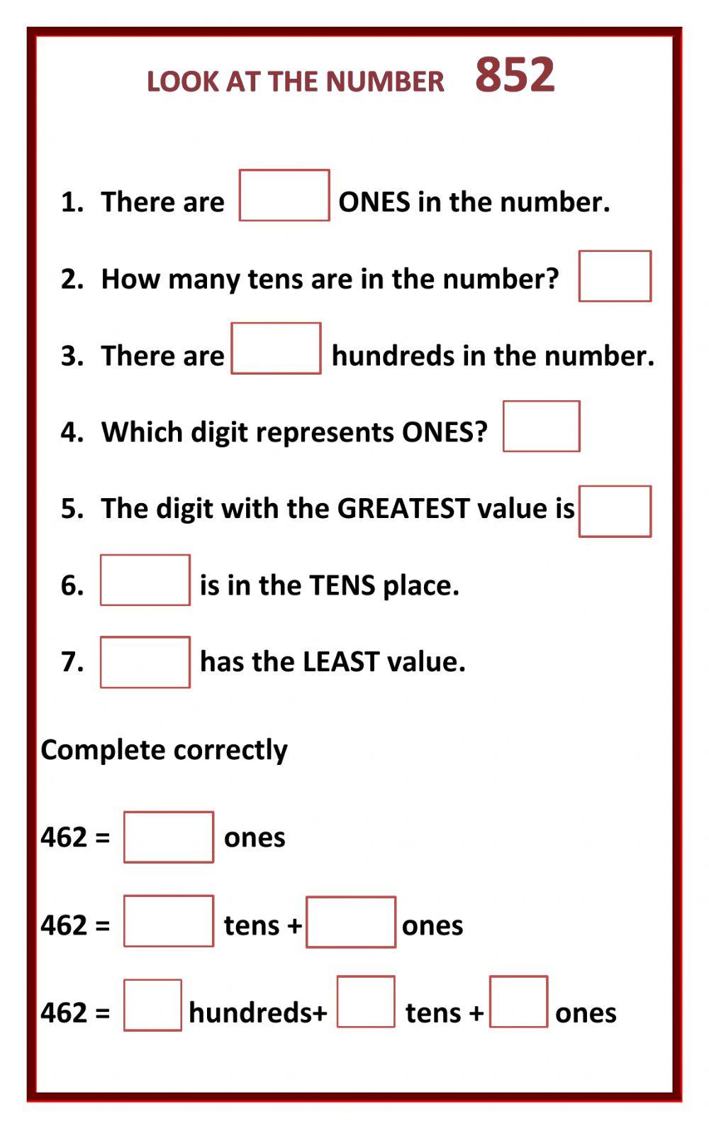 Number of hundreds ,tens and ones in a number
