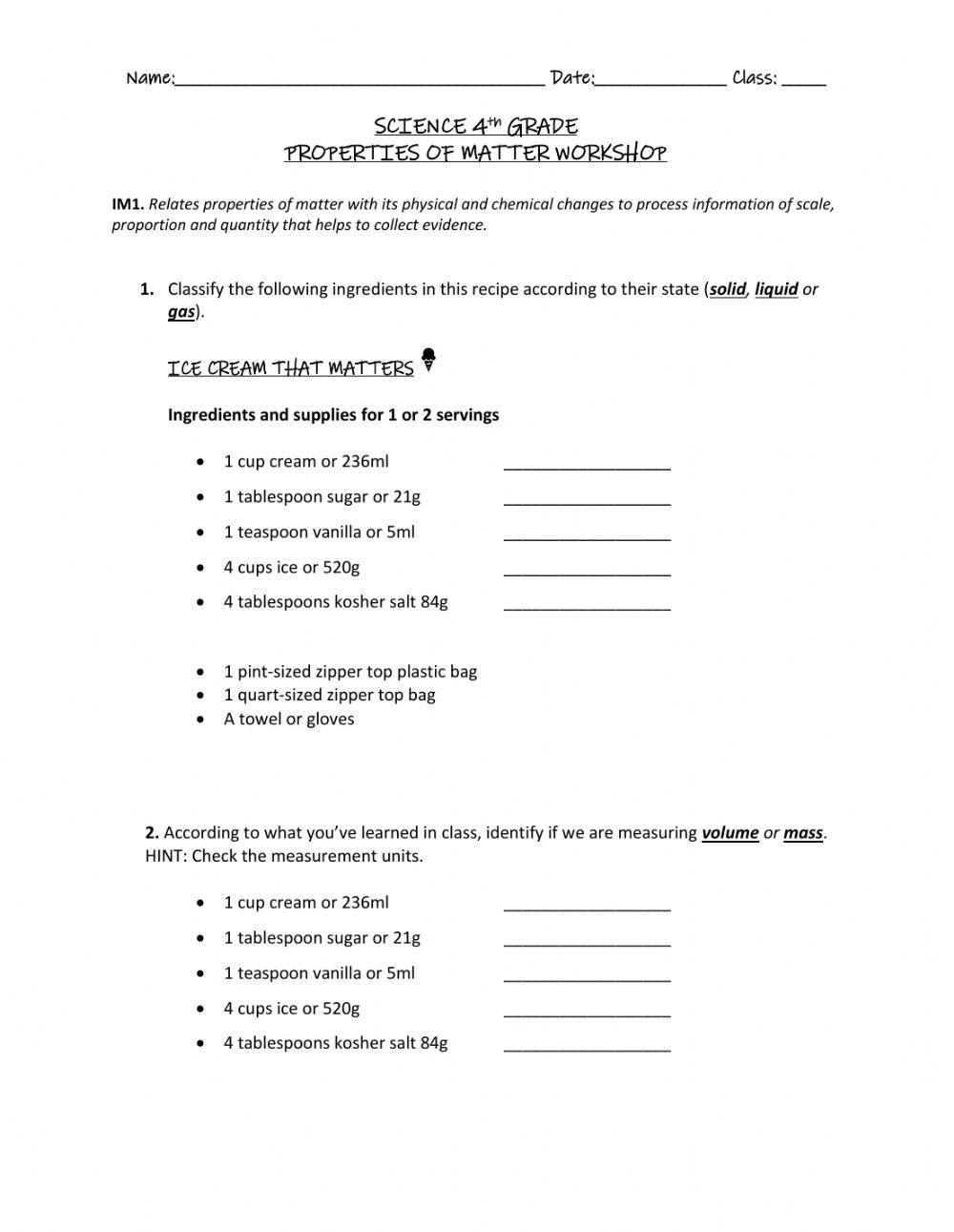 Science Matter properties Worksheet