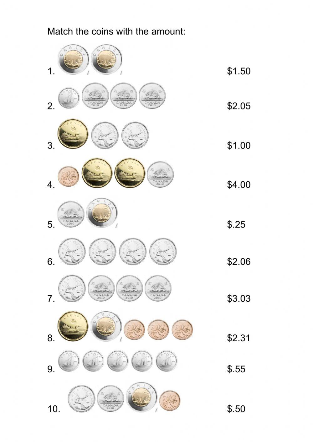 Canadian coins - amounts practice