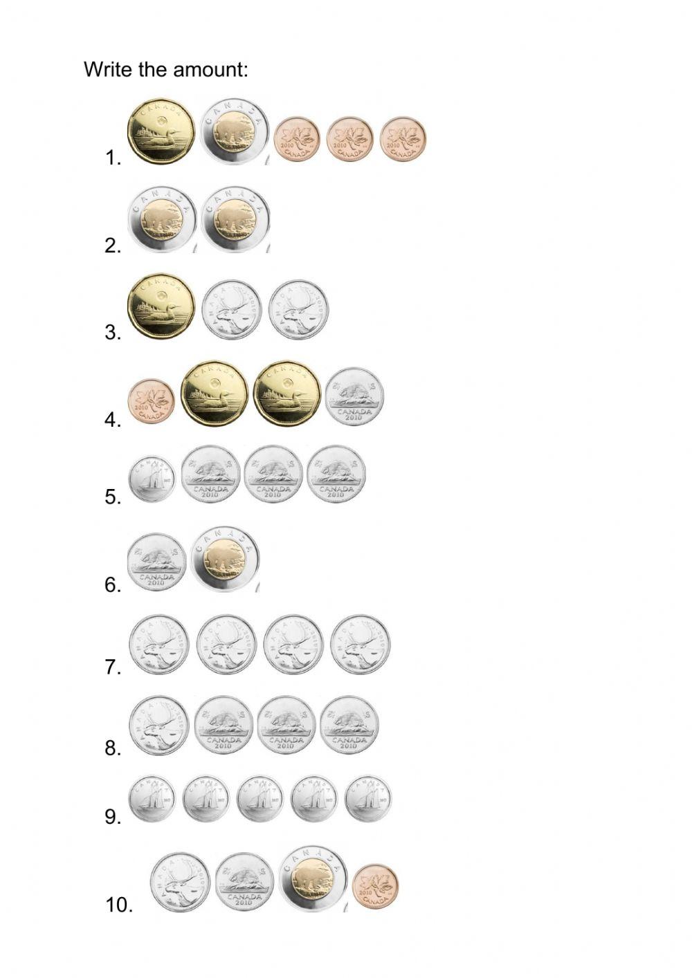 Canadian coins - amounts practice