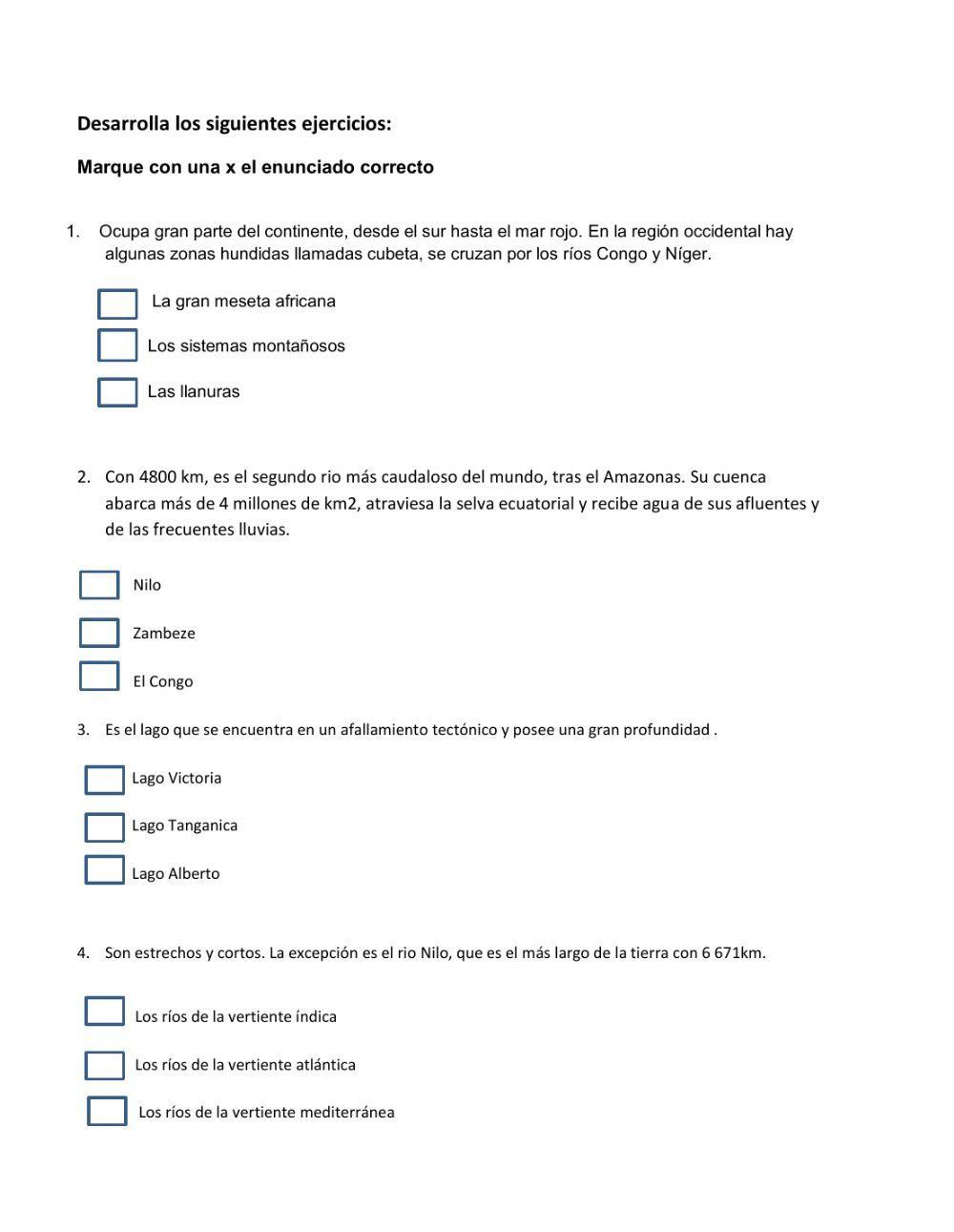 Ejercicios sobre continente africano
