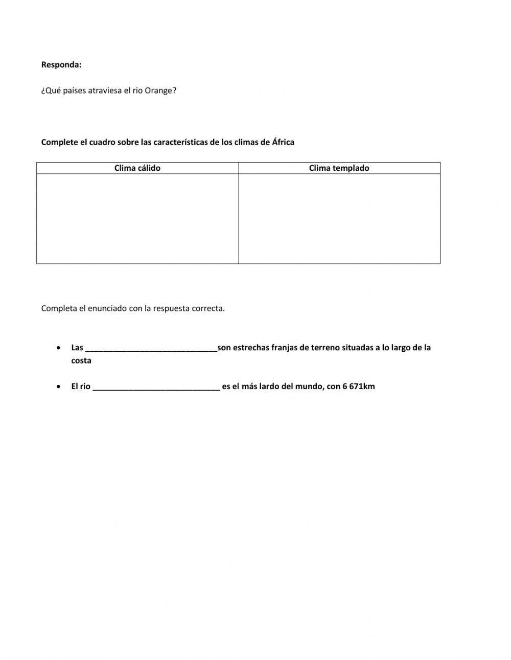 Ejercicios sobre continente africano