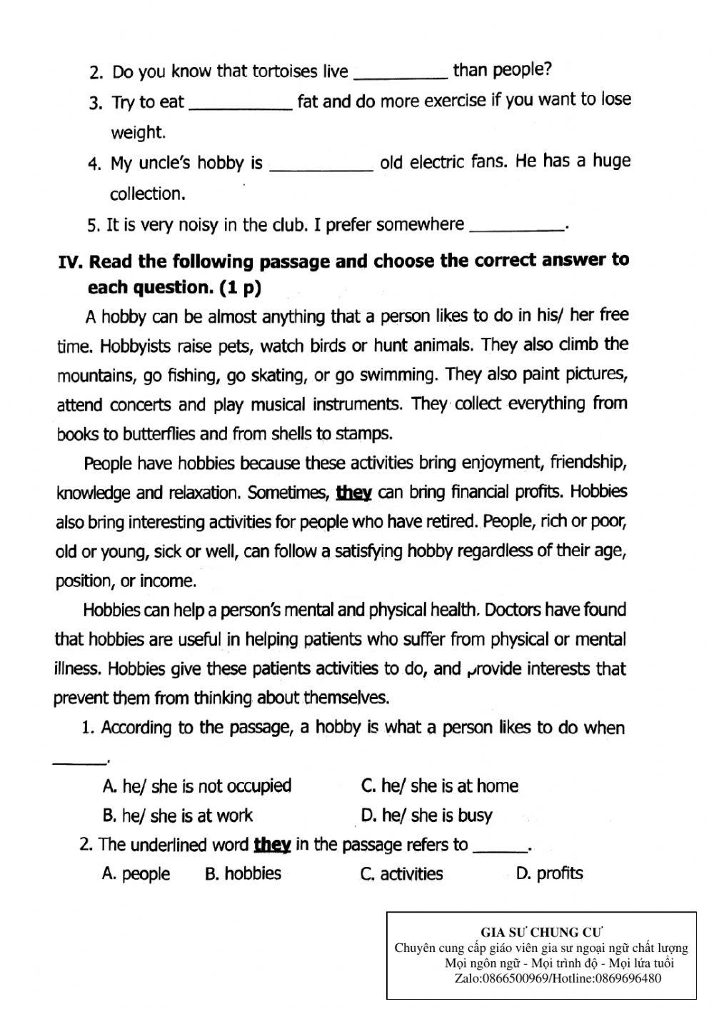 Lớp 7 - Kiểm tra một tiết ( sách nhỏ)