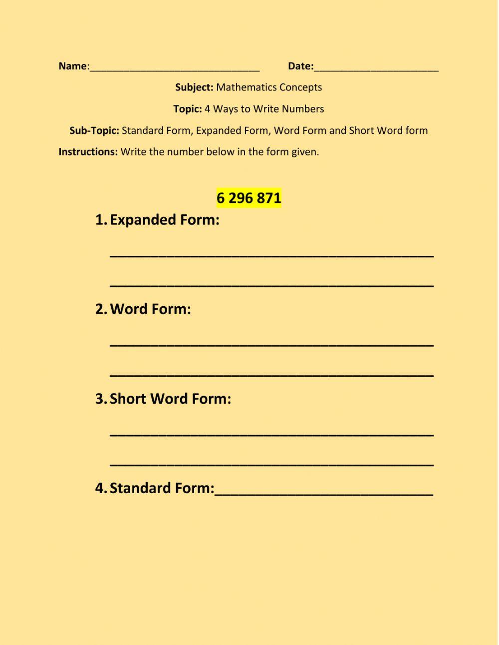 4 Ways to Write Numbers- Standard Form, Expanded Form, Word Form and Short Word Form-