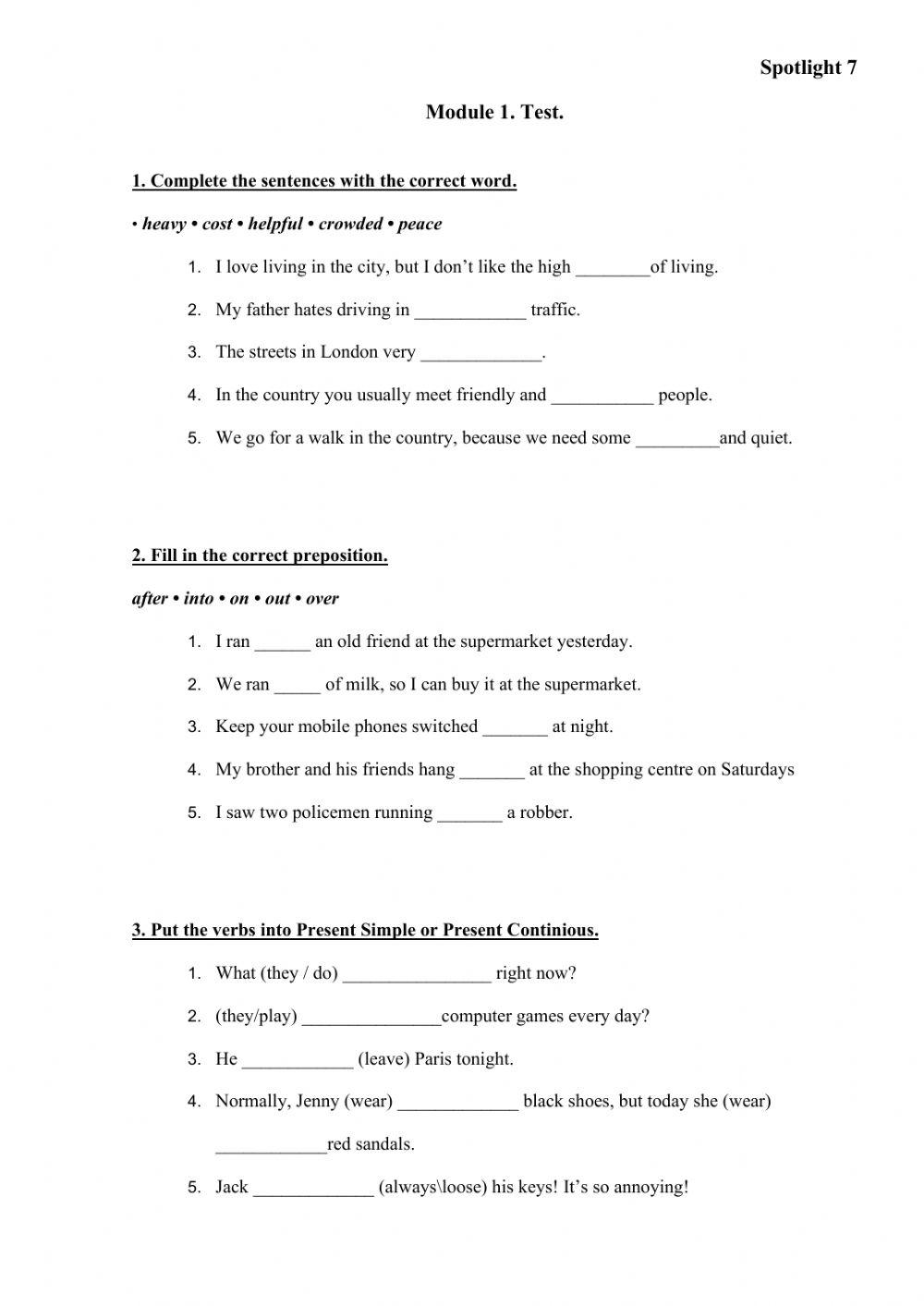 Spotlight 7 test 1 worksheet | Live Worksheets