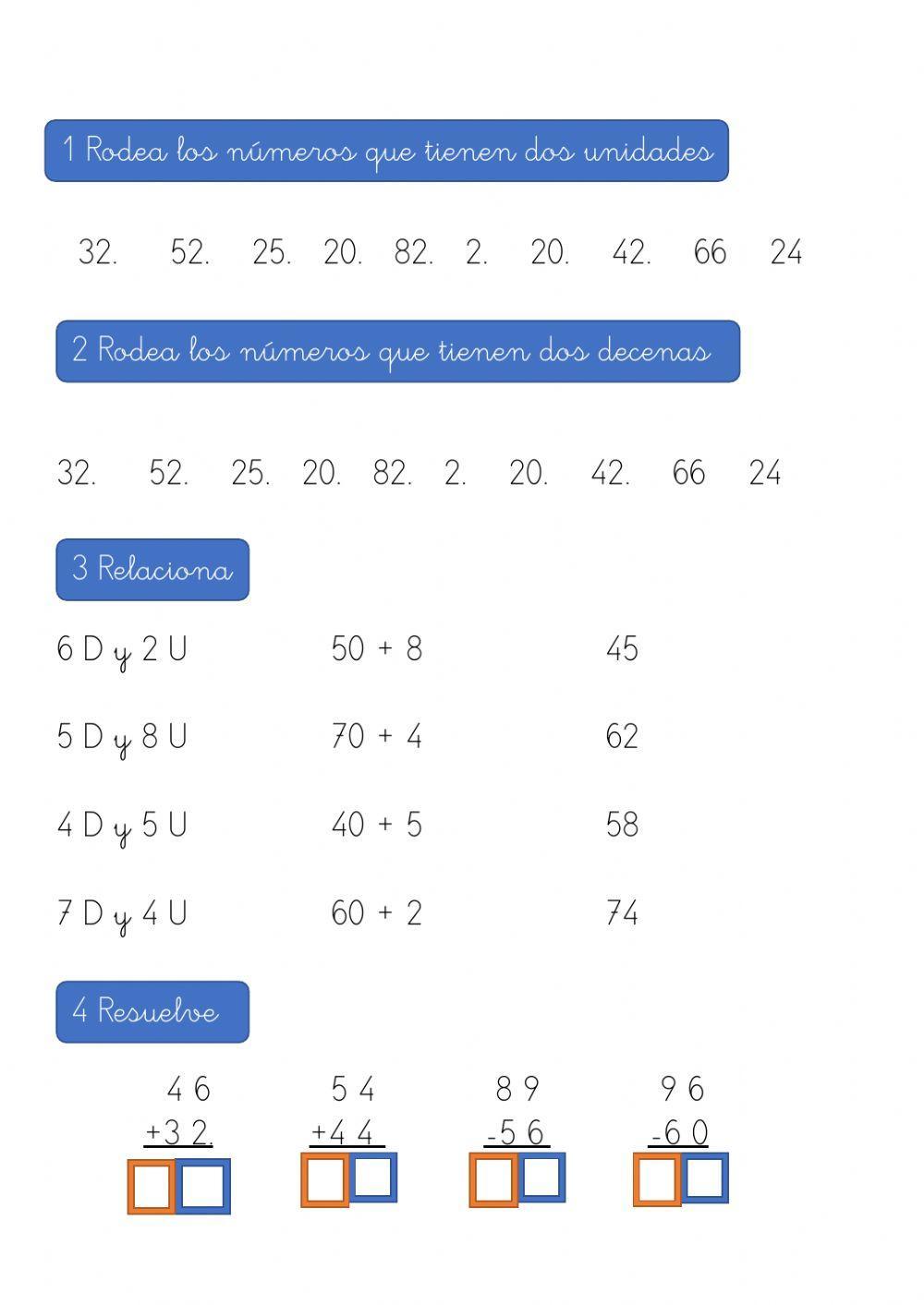Unidades y decena. Sumas y restas