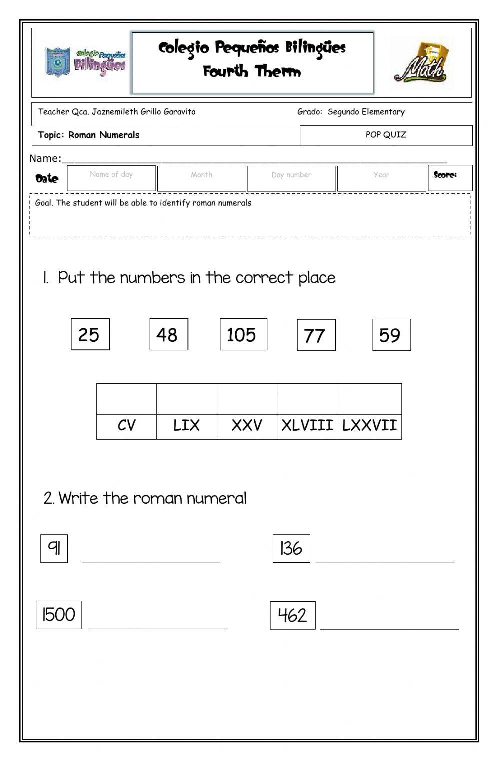 Pop quiz - Roman numerals -second grade- fourth term -2020