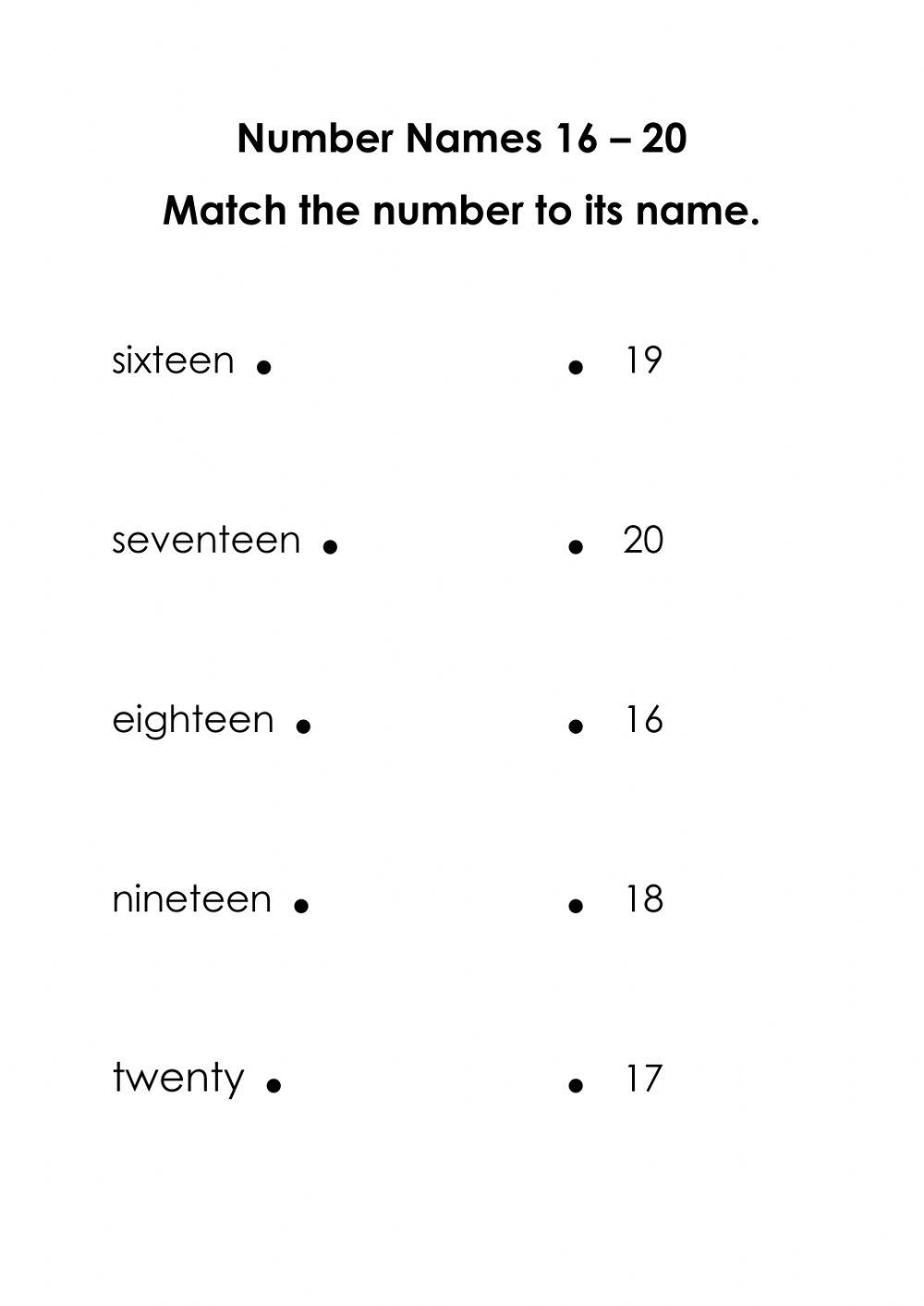 Number Names 16 - 20