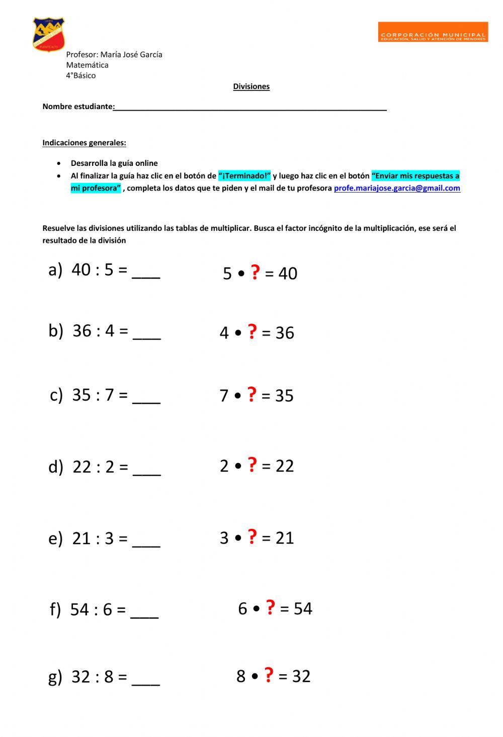 Ficha divisiones para resolver con multiplicaciones