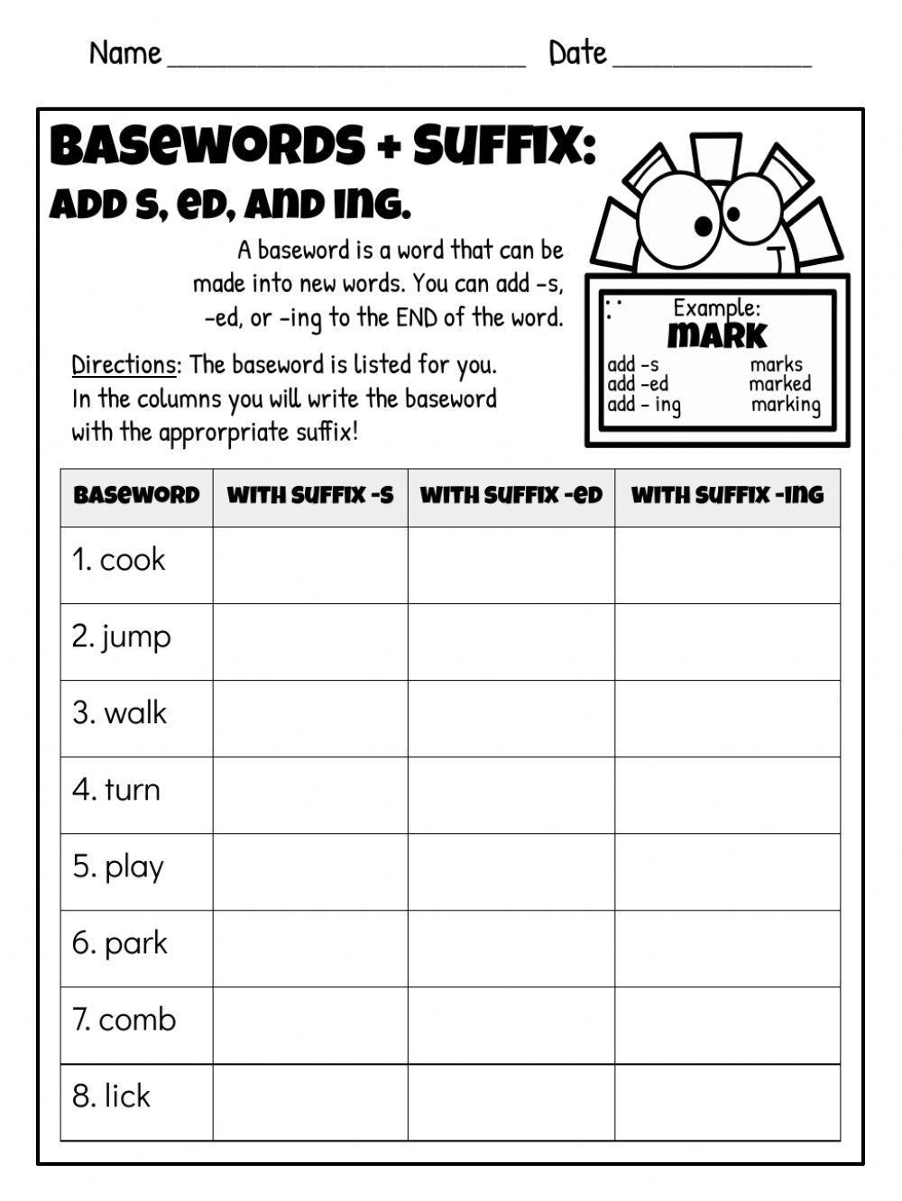 Suffix -s -ed -ing Worksheet