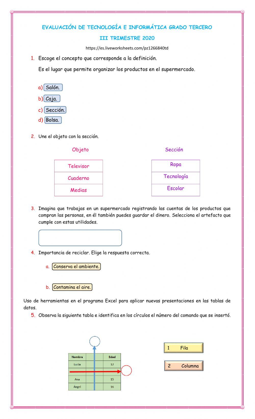 Evaluación III Trim Tecnología Informática Grado Tercero