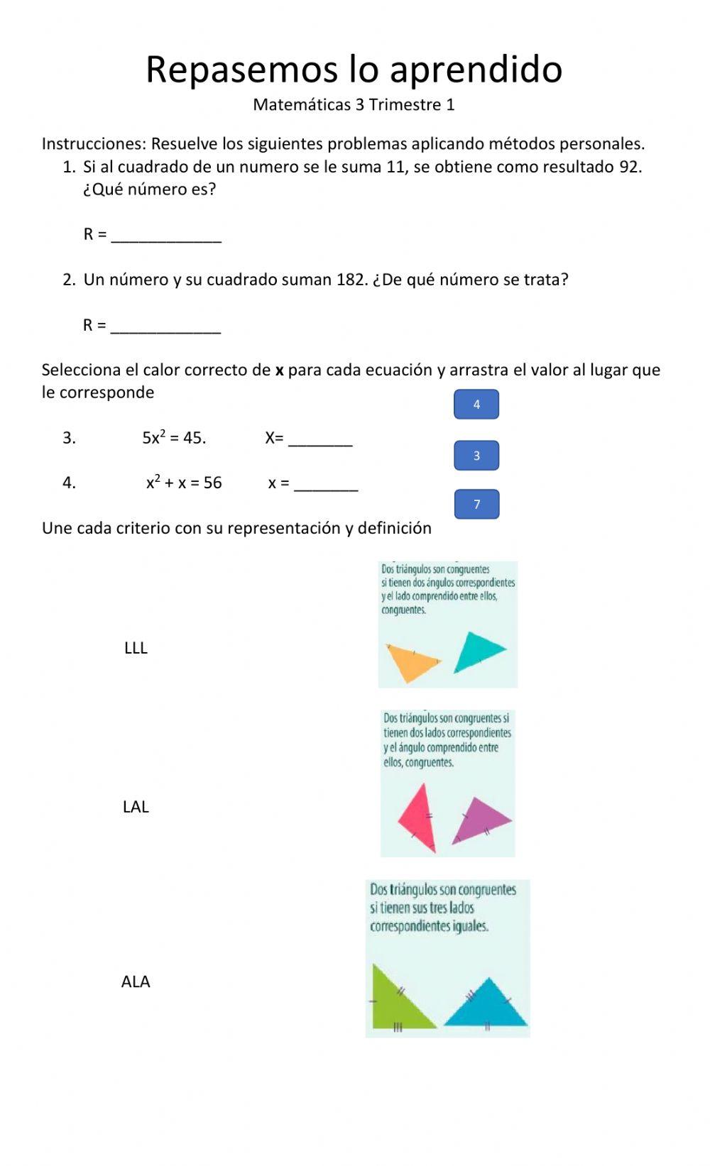 Repaso Trimestre 1 Matemáticas 3