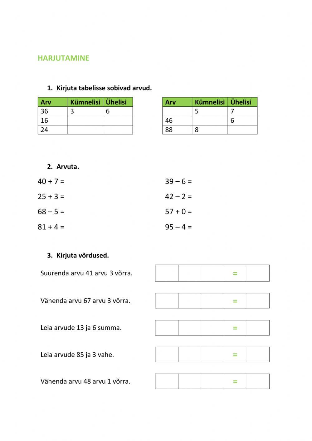Kümnelised ja ühelised, arvutamine esemete hindadega