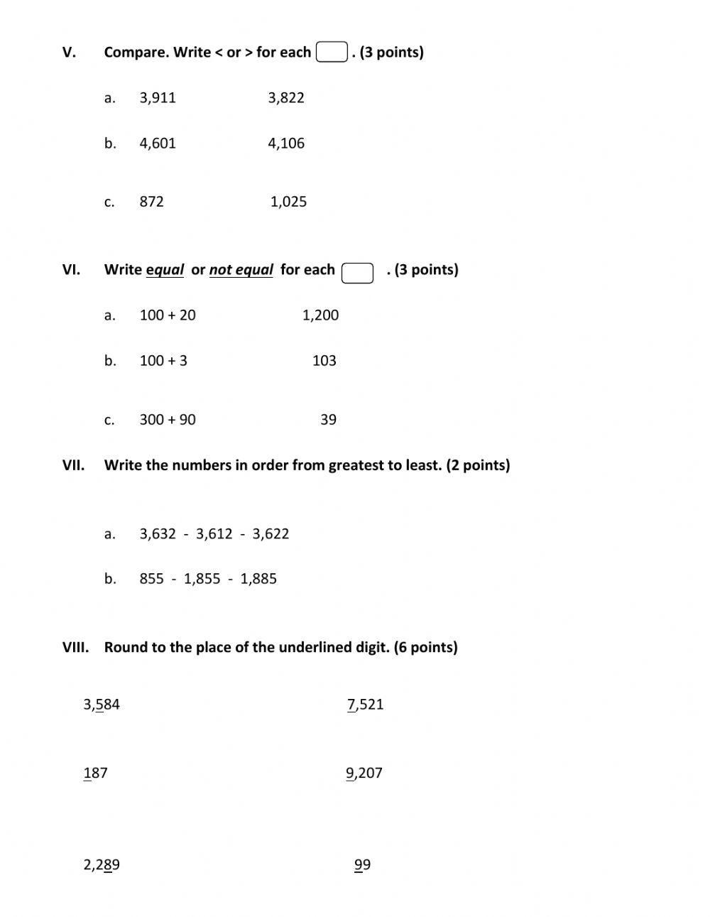 Unit 1Test: Place Value, Comparing, ordering, and Rounding Numbers