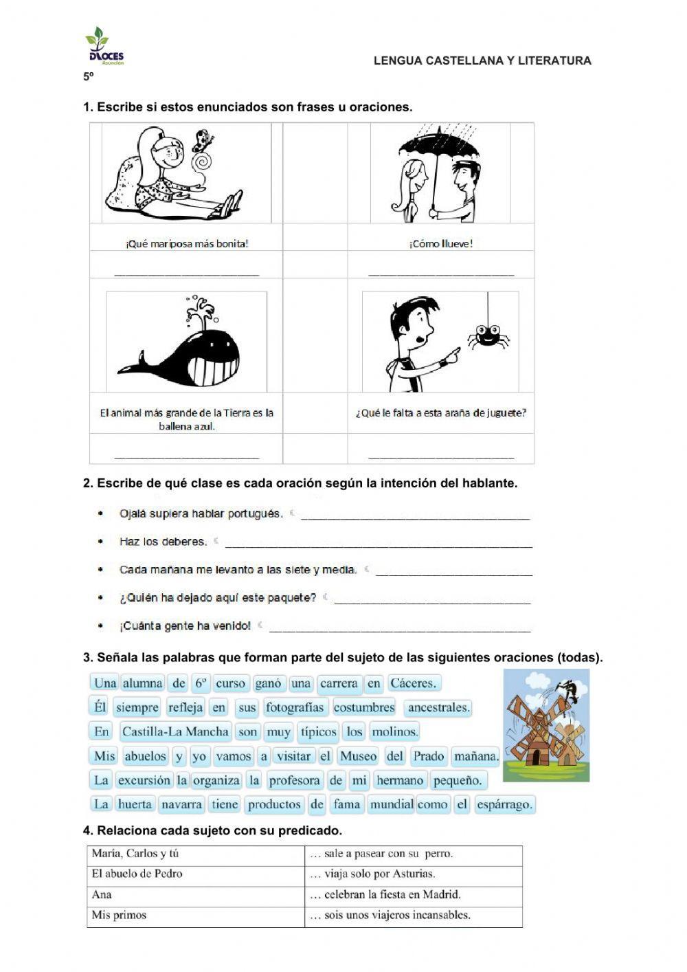 Tipos de oraciones, sujeto y predicado 5º primaria 