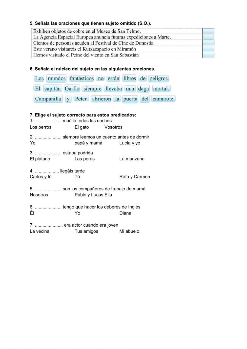 Tipos de oraciones, sujeto y predicado 5º primaria 