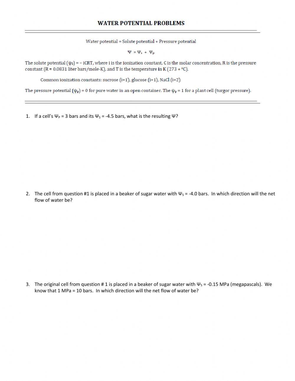Water Potential Reading - Practice Problems
