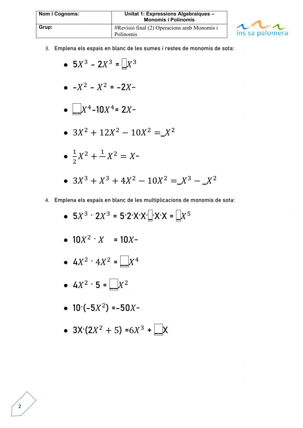 Monomis i Polinomis - Operacions bàsiques