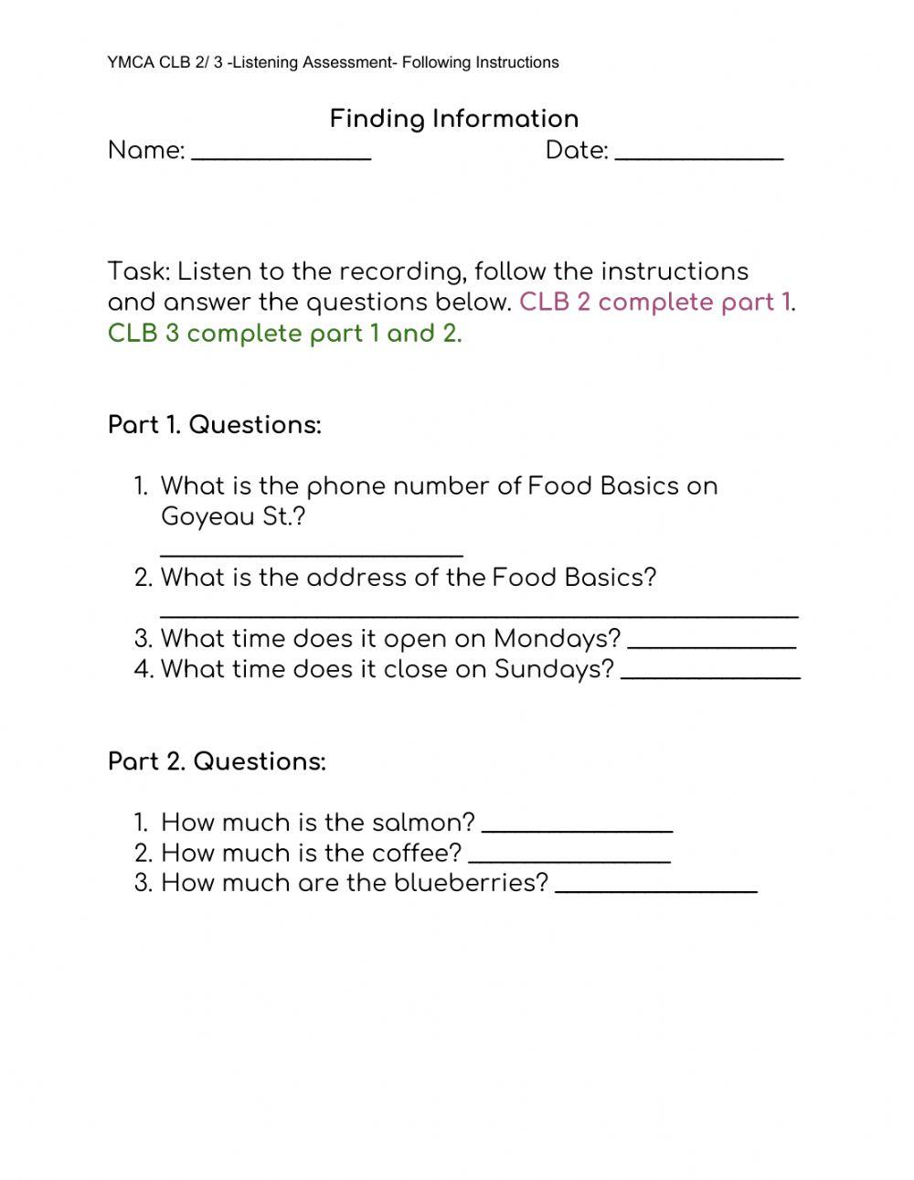 Listening Test- Following Instructions