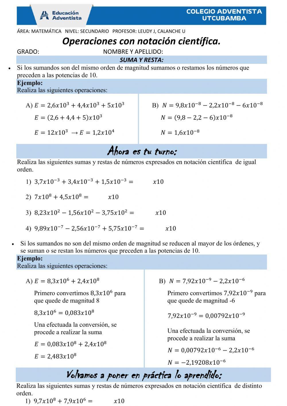 OPERACIONES CON NOTACION CIENTIFICA