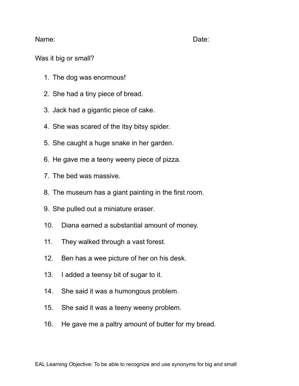 Synonyms for Bi… | Free Interactive Worksheets | 397775