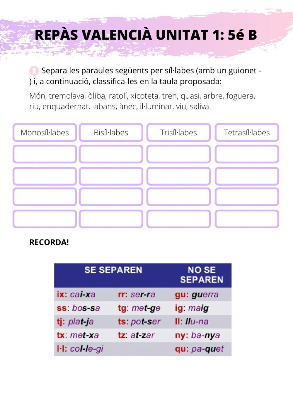 Fitxa repàs valencià, unitat 1 5é B