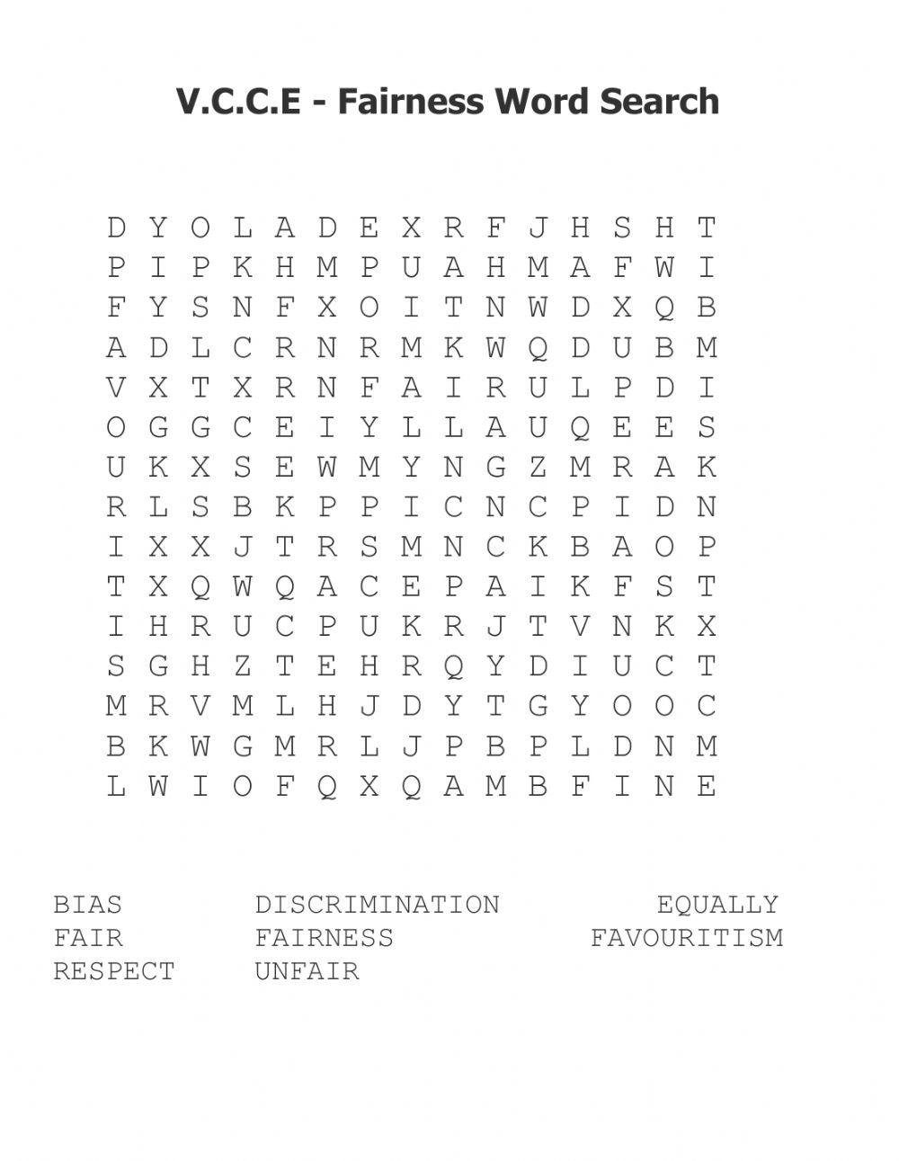 Fairness Word Search