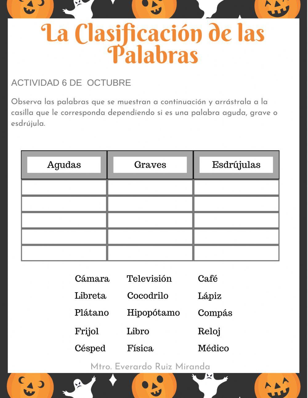 Actividad Martes 6 de Octubre. Clasificación de las Palabras.
