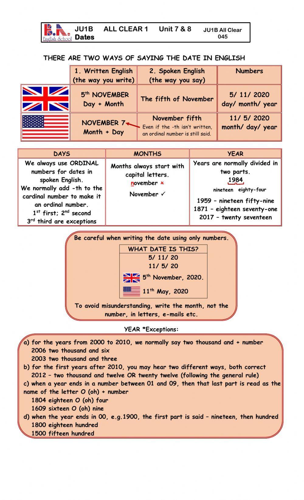 JU1B UNITS 7 - 8 HOW TO SAY THE DATE IN ENGLISH