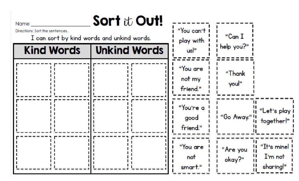sort kind and unkind words online exercise for Live Worksheets